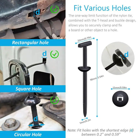 Diagram showing Heavy Duty Nylon Universal Cable Tie Buckles For Cars And Home Use fitting rectangular, square, and circular holes.