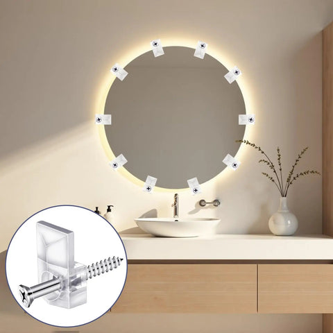 32 Pack Slick Clear Plastic Mirror Clips With Rock Solid Rust Resistant Metal Screws Frameless Glass Mounting Hardware For Wall Cabinet Door And Picture Frames Straight Up Easy Install holding a round mirror in a well-lit bathroom.