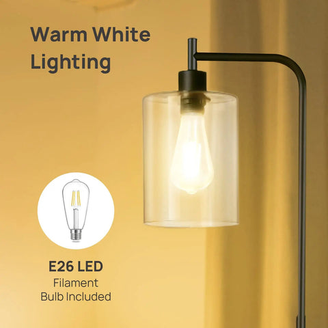 Industrial LED Floor Lamp With Hanging Glass Shade, ST64 9W Vintage Filament Bulb Foot Switch Tall Black Pole