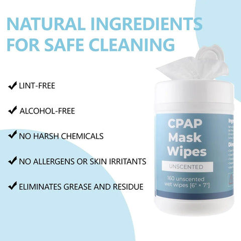 CPAP Mask Wipes canister, front view, unscented, 160 wipes for CPAP mask and accessories