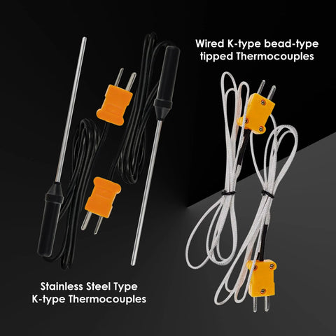 Amazon digital K-type dual-channel thermometer with four thermocouples; stainless steel probes and bead-type probes.
