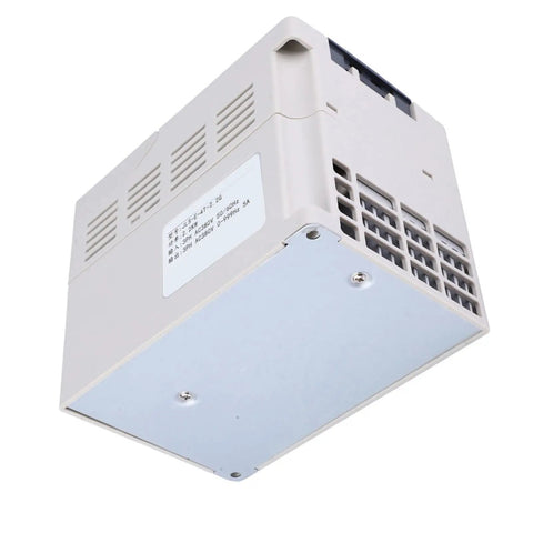 Three Phase 380V 2.2KW VFD Inverter With PWM Speed Control Workhorse Industrial Motor Drive With All Round Protection Variable Frequency Drive For 380V Motors Durable Plastic Housing And Easy Speed Regulation. white plastic VFD inverter side view