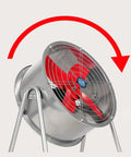 Heavy Duty Industrial Floor Fan 24 Inch With Wheels High Speed Drum Blower Steel Housing Rust Resistant Grille displayed with red blades.