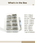 Stainless Steel Phillips Pan Head Screw Set With Complete Tool Kit And Storage Box, M1 to M3 assortment with tweezers, organized.