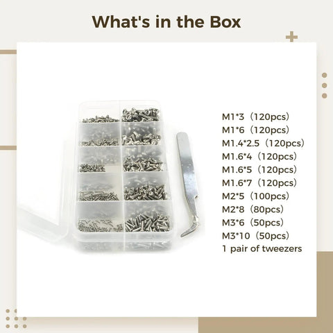 Stainless Steel Phillips Pan Head Screw Set With Complete Tool Kit And Storage Box, M1 to M3 assortment with tweezers, organized.