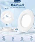 Dimensions of Slick Finish 24 Pack Led Recessed Lighting Retrofit Can Downlights, 5 and 6 inch size, showing fixture measurements.
