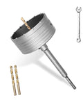 Heavy Duty Four Inch Concrete Hole Saw Kit includes a 100mm masonry core drill bit, drill bits, and a wrench for easy installation.