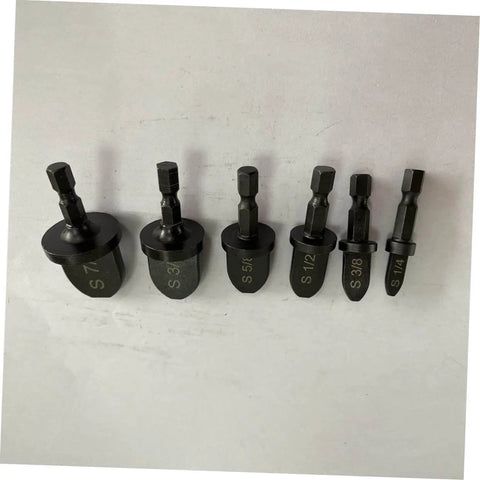 Six Piece Pro Grade Bearing Tube Expander Kit For Air Conditioning Copper Tubing And Portable Flaring Tool HVAC Swaging Set That Works With Your Electric Drill Lightweight Compact Flare Tool For Installers And DIY Pros, showing six pieces with different sizes on a white background.