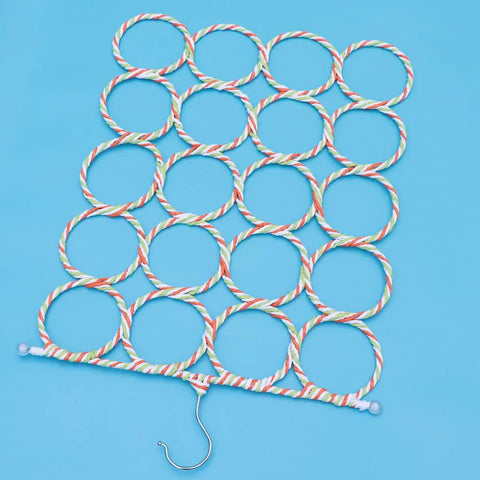 Foldable Paper Rattan Scarf Hanger Featuring 20 Rings And Sturdy Steel Hook Hangs From Door Or Closet Rod For Ties Belts And Towels Easy Setup For Your Drip And Sweet Space Saving Closet Vibe Upgrade, showing colorful woven loops.