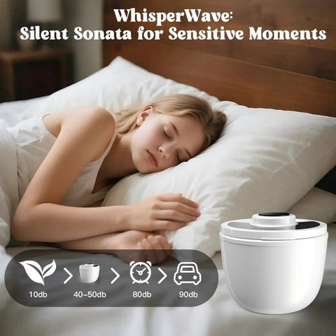 Woman sleeping peacefully beside a quiet WhisperWave device with noise level icons, emphasizing silence and comfort.