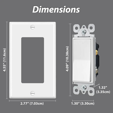 Dimensions of 12 Pack Single Pole Rocker Light Switches 15A 120 277V with Wall Plate Included UL Listed for Homes and Offices