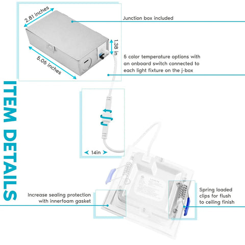 Ultra Thin 3 Inch Square LED Recessed Lights With Dimmable Wet Rated Construction Slick 5CCT junction box and sealing details