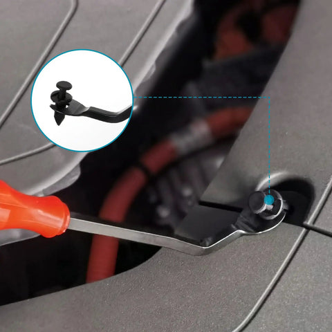 Tool using 1365Pcs Car Push Retainer Clips Kit Nylon Fasteners Set, 44 Popular Sizes for engine cover installation.