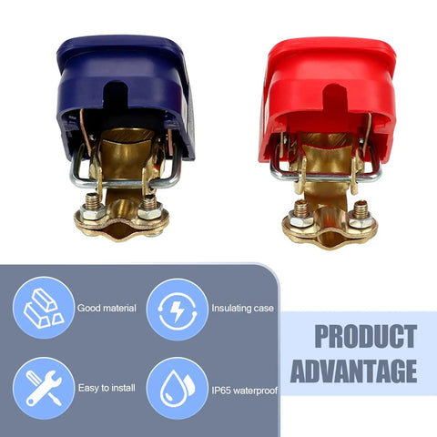 Two Pack Quick Release Cable Terminal Connectors for Cars, Auto Switch Terminals, Blue and Red Covers, front view