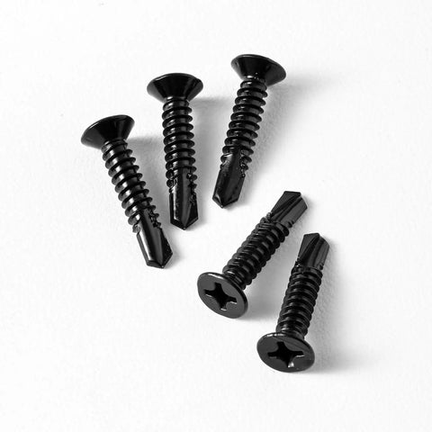 Five Heavy Duty Flat Head Sheet Metal Screws, Phillips Drive, 410 Stainless Steel Black Oxide Finish, #6 size.