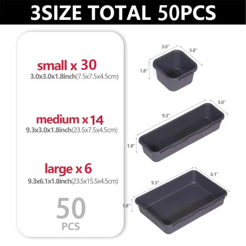 50 Pack Tool Box Organizer Tray Set With 3 Size Trays For Desk Drawer And Garage Organization, side view sizes shown