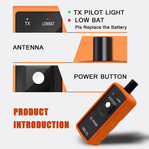 GM TPMS Relearn Tool For Tire Sensor Activation EL-50448 showing power button, antenna, and indicator lights in orange.