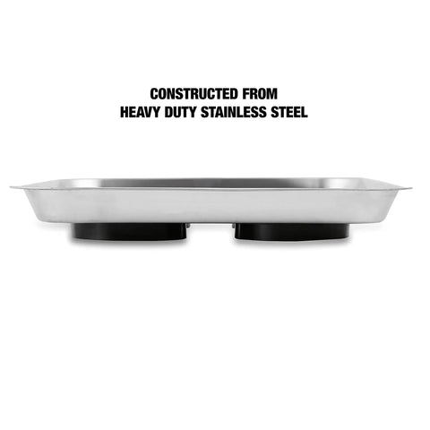 Side view of Magnetic Tool Tray Organizer 10 Inch By 11 Inch Heavy Duty Stainless Steel Square Tray with magnets visible beneath.