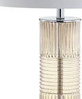 Champagne Glass and Crystal Table Lamp With White Faux Silk Drum Shade, ribbed texture on glass column, modern style