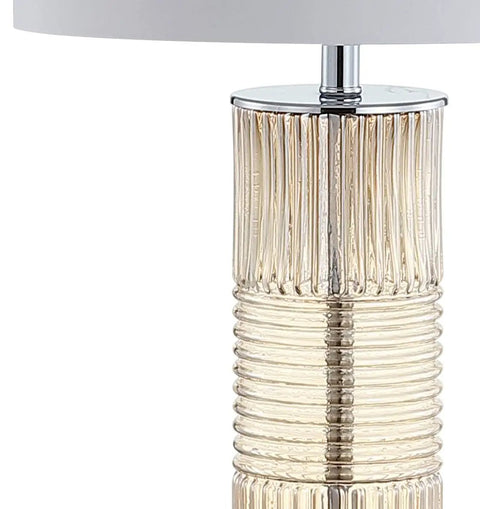 Champagne Glass and Crystal Table Lamp With White Faux Silk Drum Shade, ribbed texture on glass column, modern style