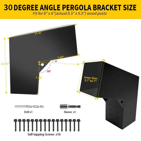 2 Way 15 Degree Angled Pergola Roof Brackets L Shaped Slant Post Brackets For 6x6 Lumber Heavy Duty Galvanized Steel DIY Wood Post Bracket For Pavilion Porch Deck With Screw