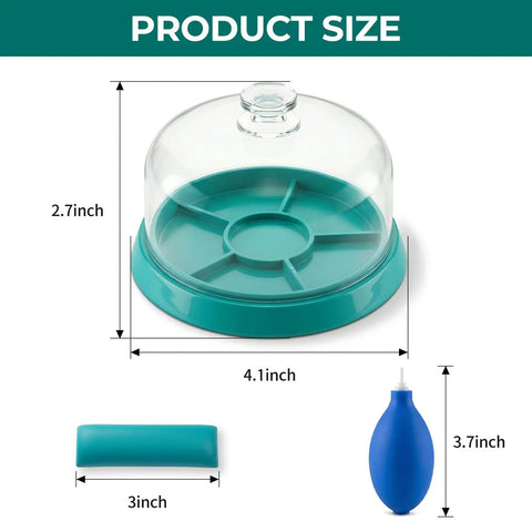 3 In 1 Watch Cleaning Kit For Pro Repairs With Dust Free Putty 6 Compartment Tray And Rubber Air Blower shown with dimensions
