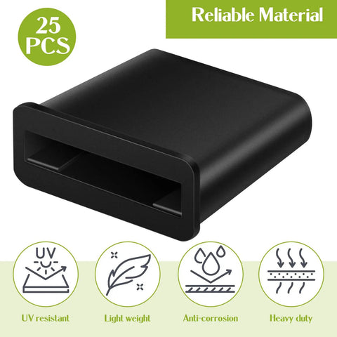 25 Pack Folding Drip Tape Row End Caps showing black plastic construction for 5/8 inch irrigation, UV resistant, anti-corrosion.