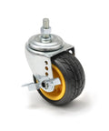 Hardcore Durable 4 X 2 Inch Wide Caster Wheels With Parking Brake 2 Pack close-up showing rubber tire and metal mount.