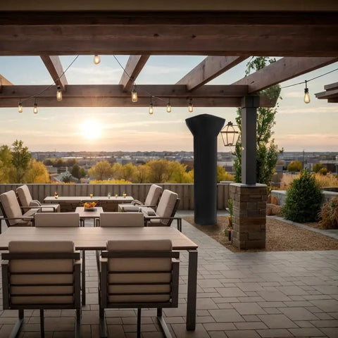 Beefy Full Length Outdoor Vinyl Cover For LPG Patio Heaters With 31-33 Inch Round Reflectors on heater in elegant patio setting.