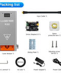 Packing list including 60W Diode Laser Cutter Module for Laser Engravers with Air Assist, cables, adapter, and accessories.