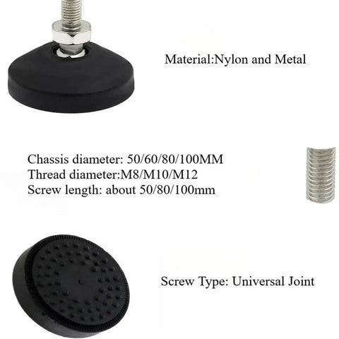 Nylon Universal Joint With Adjustable Furniture Leveling Feet showing screw type, material, and dimensions.
