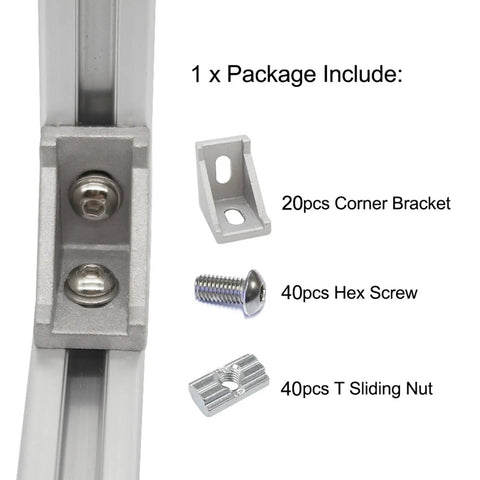 10 Series Aluminum Extrusion Corner Bracket Set with 1x1 Inch 90 Degree Connectors, 20 Brackets, 40 T Slot Nuts, 40 Hex Bolts Display
