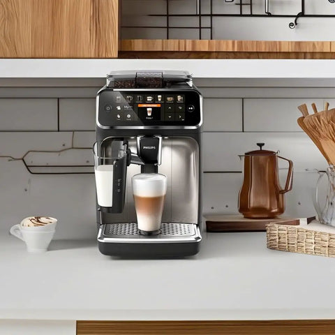 Ready To Brew Renewed Fully Automatic Espresso Machine With Button Touch Controls And Quick Rinse Lattego Tray on kitchen counter.