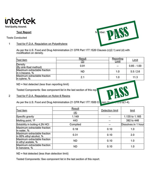 FDA test report showing 'PASS' for Quart Vacuum Sealer Bags For Food 8x11 Inch With Pre Printed Label Area BPA Free Phthalate Free