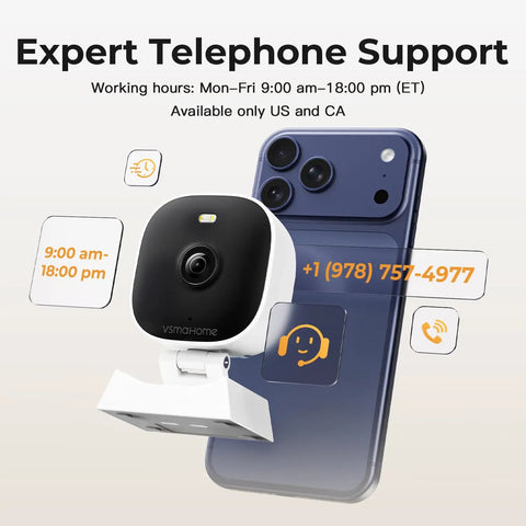 2K Home Security Cameras For Indoor And Outdoor Monitoring With Phone App showcased next to a smartphone with support details