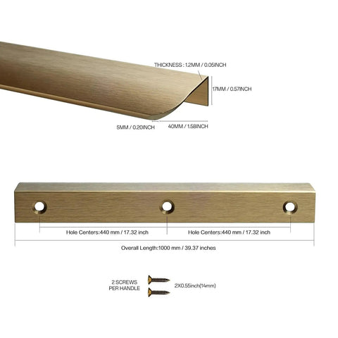 Aluminum Alloy Brushed Bronze Cabinet Pulls 39.37in Hidden Finger Edge Pulls for Cabinets with dimension details