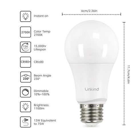 A19 LED Light Bulbs 75W Equivalent Dimmable E26 Base 2700K Soft White 13W 1100 Lumens UL Listed FCC Certified Brighten image