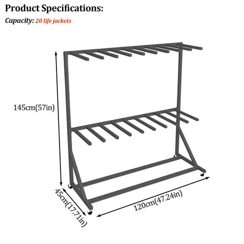 Hardcore Heavy Duty Metal Life Jacket Storage Rack With 20 Individual Slots For Fast Air Drying and Easy Setup, shown with dimensions.