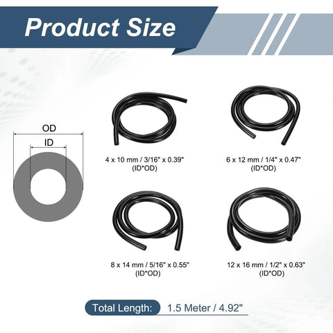 Solid 4 Piece Silicone Vacuum Hose Kit For Coolant And Oil Lines 1/4 To 1/2 Inch By 5 Foot Fits Hot Cars With High Pressure Rating Up To 43 Psi; size chart with 4 hose diameters