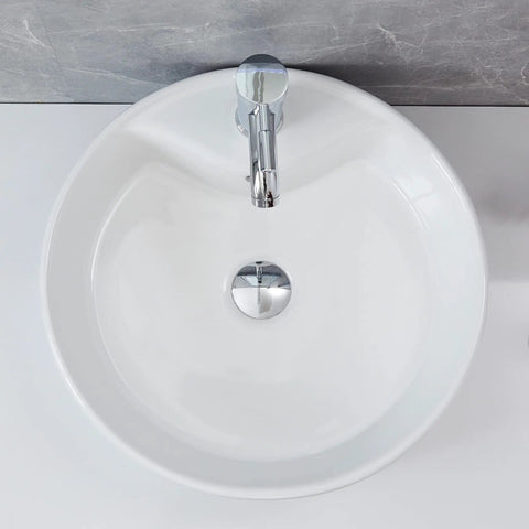 18.3x18.3x6.3 Inch Round White Ceramic Vessel Sink With Faucet And Pop Up Drain, Above Counter Bathroom Basin Top View