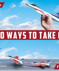 F 16 Fighting Falcon RC Plane With 2.4GHz 2CH Remote, Ready To Fly shown in hand throw and ground takeoff options.