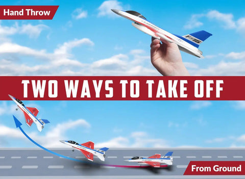 F 16 Fighting Falcon RC Plane With 2.4GHz 2CH Remote, Ready To Fly shown in hand throw and ground takeoff options.