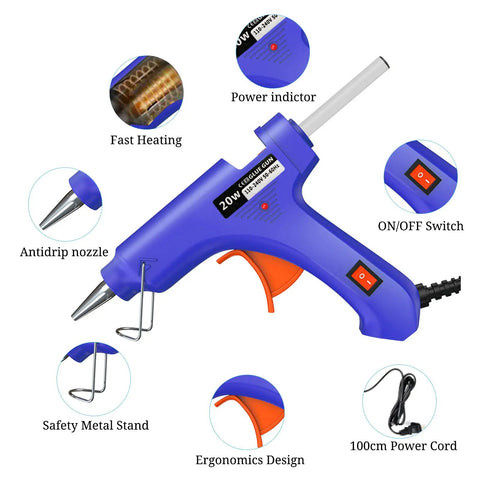 Blue mini hot glue gun with features labeled, part of Mini Hot Glue Gun Set Eight Pack With Forty Sticks Multi Color LED Light Easy To Use
