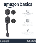 Front Door Lock Set With Tulip Knob In Oil Bronze Single Cylinder Grade Three Security Fits Standard Doors 1 3 8 To 1 3 4 Inches Thick Universal Handing And Adjustable Latch For 2 3 8 Or 2 3 4 Backset No Fuss Install displayed with parts and installation instructions