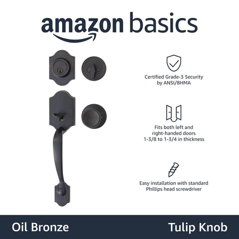 Front Door Lock Set With Tulip Knob In Oil Bronze Single Cylinder Grade Three Security Fits Standard Doors 1 3 8 To 1 3 4 Inches Thick Universal Handing And Adjustable Latch For 2 3 8 Or 2 3 4 Backset No Fuss Install displayed with parts and installation instructions