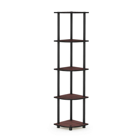 Space Saving Corner Shelf With Five Tiers For Living Room Or Home Office In Dark Cherry Finish Open Storage For Books Decor And Organization In Small Spaces