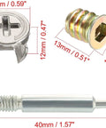 Heavy Duty Stainless Steel Cam Bolt And Dowel Hardware Kit For Flat Pack Furniture Assembly With Pre Inserted Nuts Smooth No Sweat Install Durable Connector Pack Of Twenty Sets Type Five components showing cam lock, nut, and bolt with measurements.