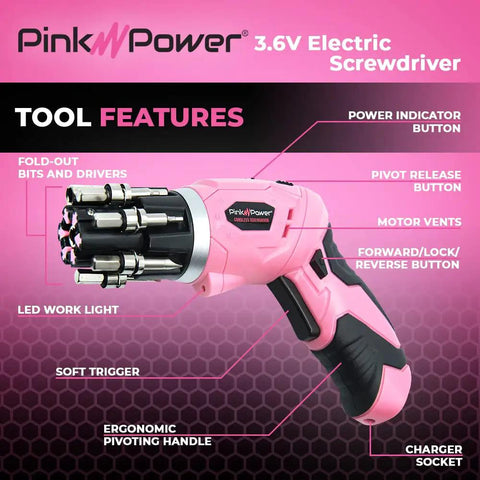 Diagram of Pink Cordless Electric Screwdriver Set Rechargeable For Women with LED light and pivotal handle features