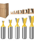 Top Shelf Five Piece Dovetail Router Bit Set 1/2 Inch Shank showing cutters and sample wood joints for cabinetry.