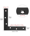 Rock Solid Heavy Duty Flat L Brackets For Wood And Furniture Repair 8 Pack Matte Black with dimensions and hole details.